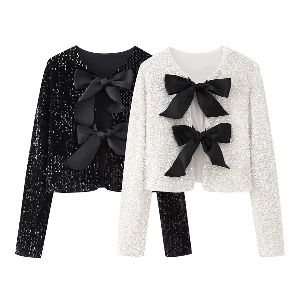 Winter New Women’s Fashion, Casual, Sweet and Versatile Bow Tie with Sequin Top