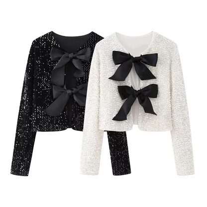 Winter New Women’s Fashion, Casual, Sweet and Versatile Bow Tie with Sequin Top