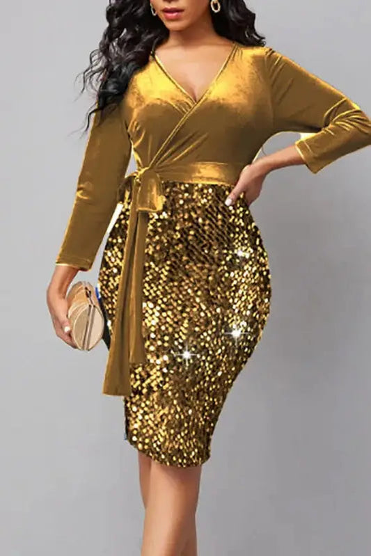 Sequin Patchwork High Waist Midi Dress