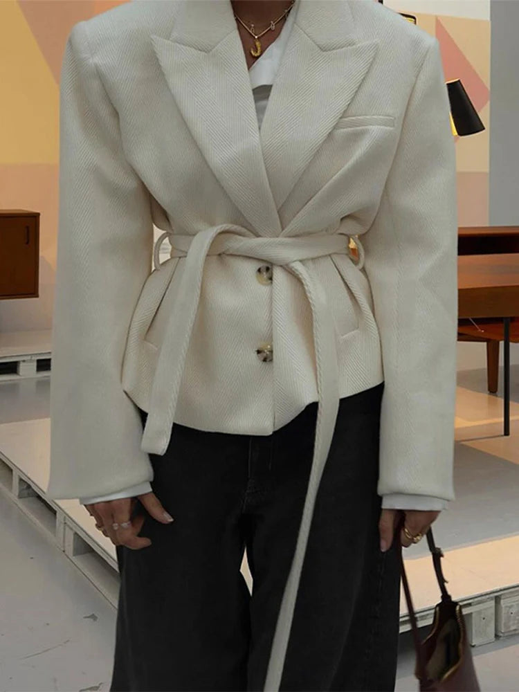 Street Lace Up Cropped Blazer Coat Women Loose Lapel Pocket Long Sleeve Suit Jackets Female 2025 Spring White All-match Outwear