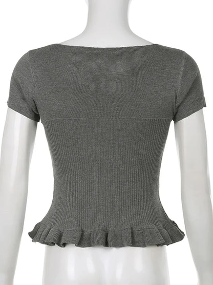 Voguable  Ribbons Bow Contrast Patchwork T-shirt Y2K Aesthetic Button Up Frill Casual Basic Crop Top Kawaii Lolita Tops Cute Tees
