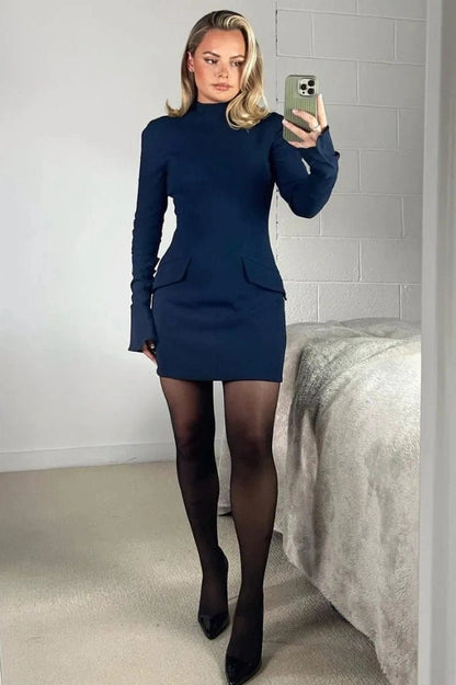 Patchwork Mini Dress with Long Slee-Sleeve and High Waist