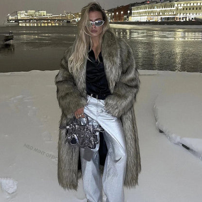 Luxury Mob Wife Aesthetic Long Faux Fur Coat Women Winter  Fluffy Gradient Fox Fur Jacket Female Furry Overcoat