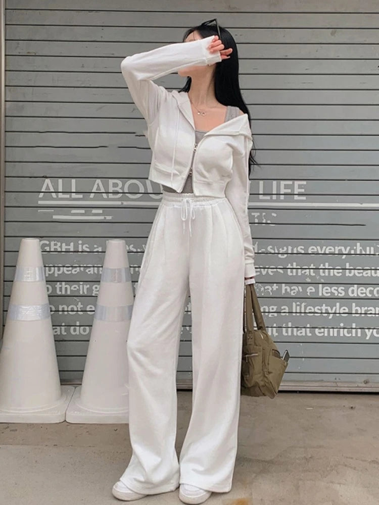 Korean Fashion Streetwear 2-piece Pants Set Women Tracksuit Autumn New Hooded Zip-up Crop Top Long Pants Casual Solid Outfits