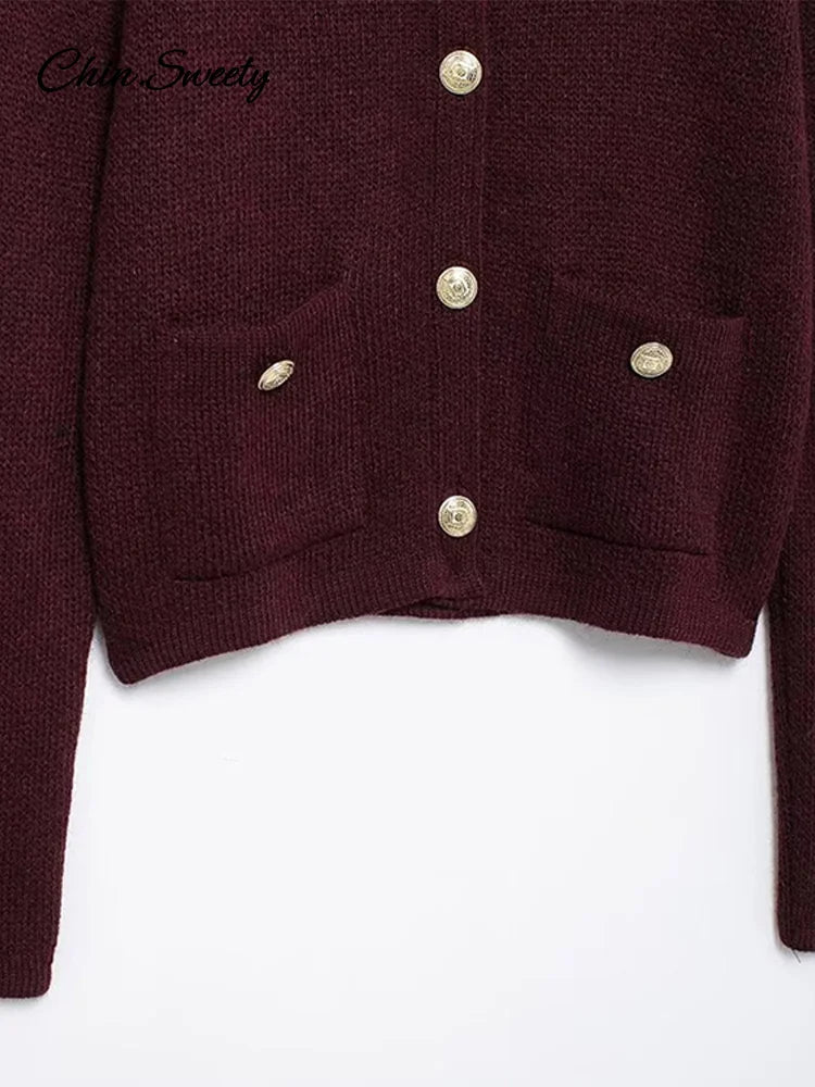 Autumn Knit Burgundy Women’s Cardigans O-neck Single-breasted Long Sleeve Pocket Top  Autumn Winter Lady All-match Knitwear
