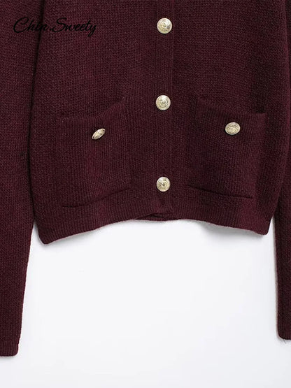 Autumn Knit Burgundy Women’s Cardigans O-neck Single-breasted Long Sleeve Pocket Top  Autumn Winter Lady All-match Knitwear