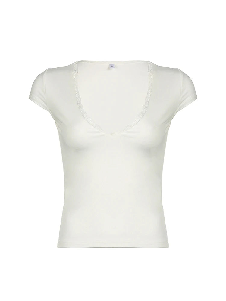 White Solid Lace Trim V Neck Slim Basic Short Sleeve T Shirt Women Elegant Fashion Sexy Korean Tees