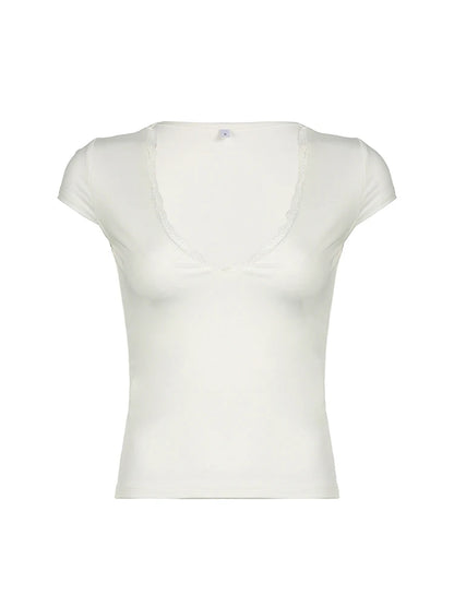 White Solid Lace Trim V Neck Slim Basic Short Sleeve T Shirt Women Elegant Fashion Sexy Korean Tees