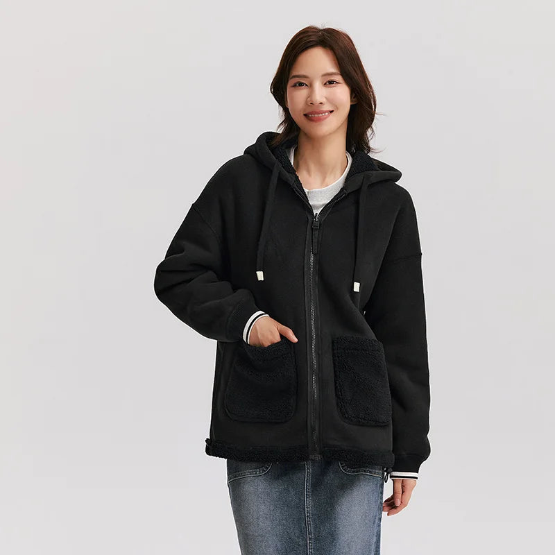 Coat Women Imitation Lamb Wool Polar Fleece Double-Sided Wear Loose  New Winter Contrast Color Simple Hooded Jacket