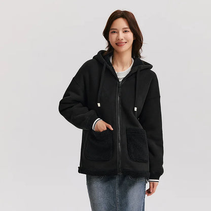 Coat Women Imitation Lamb Wool Polar Fleece Double-Sided Wear Loose  New Winter Contrast Color Simple Hooded Jacket