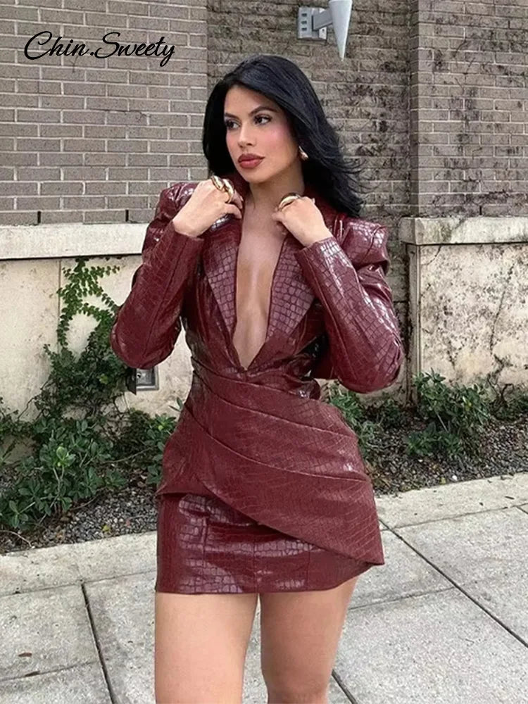 Sexy Burgundy Deep V Leather Mini Dress Women Lattice Shoulder Pads Long Sleeve High Waist Fold Dresses Lady Slim Short Robes