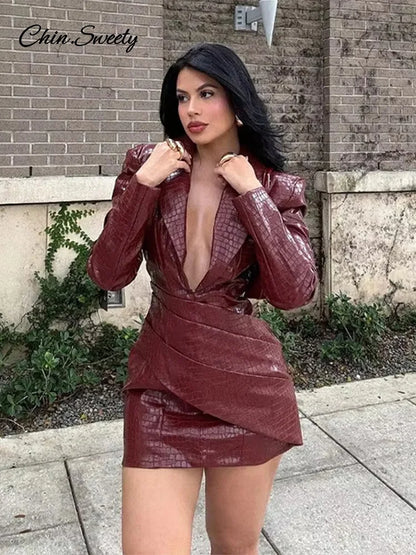 Sexy Burgundy Deep V Leather Mini Dress Women Lattice Shoulder Pads Long Sleeve High Waist Fold Dresses Lady Slim Short Robes