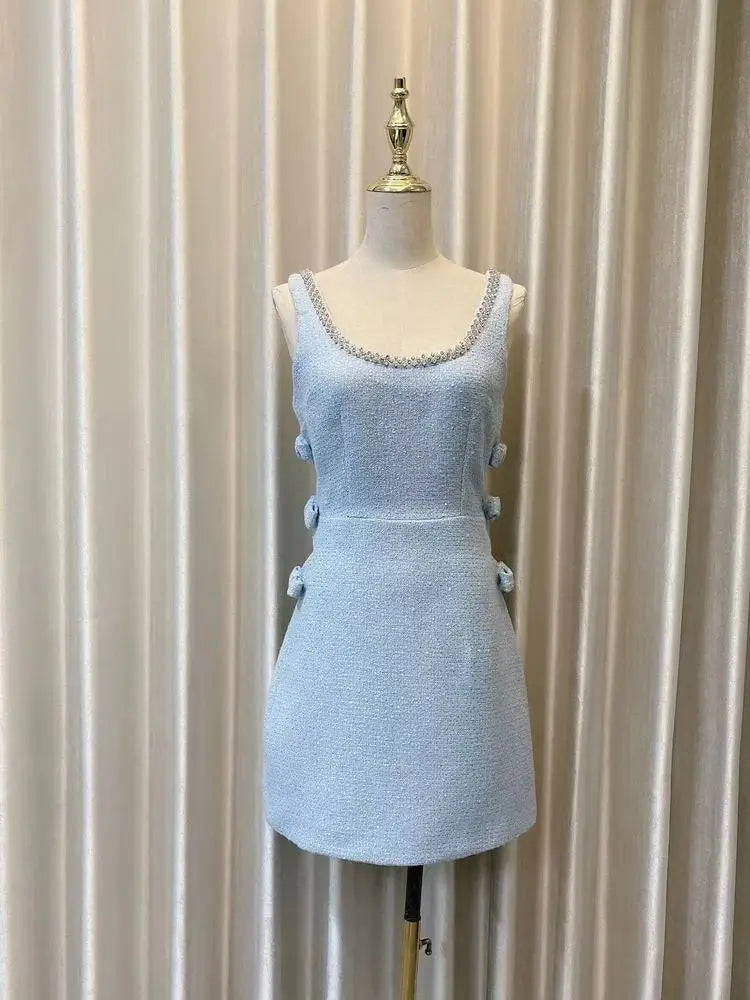 Elegant U-neck Studded Diamond Bow Strap Dress Hotsweet Tweed Sleeveless Short Dresses Women 2025 New Spring Summer 23A8276