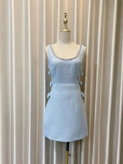 Elegant U-neck Studded Diamond Bow Strap Dress Hotsweet Tweed Sleeveless Short Dresses Women 2025 New Spring Summer 23A8276