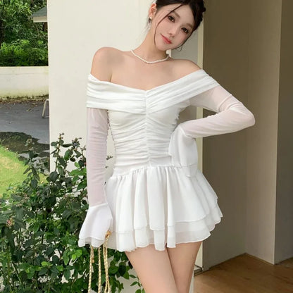 Elegant Mini White Dresses for Women Slash Neck Flare Sleeves Slim Waist Ruffles A-line Korean Fashion Short Vestidos Mujer New