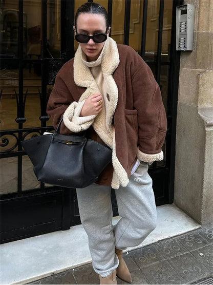 Winter Loose Fashion Overcoat For Women Lapel Pocket jacket Coat Streetwear Commute Contrast Vintage Ladies Outwear 2025