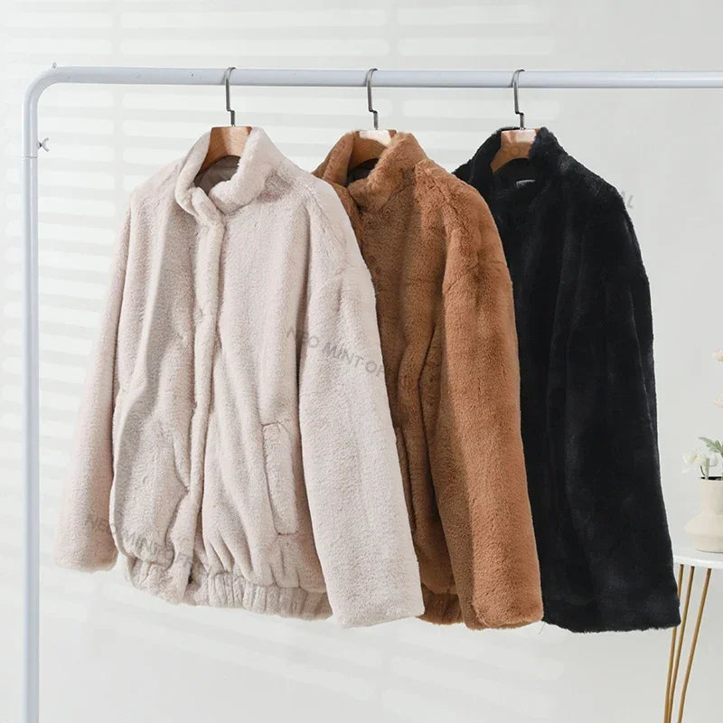 Oversized Plush Coat Women  Winter Thick Warm Padded Faux Rabbit Fur Jacket Teen Girls Chunky Furry Bomber Jackets