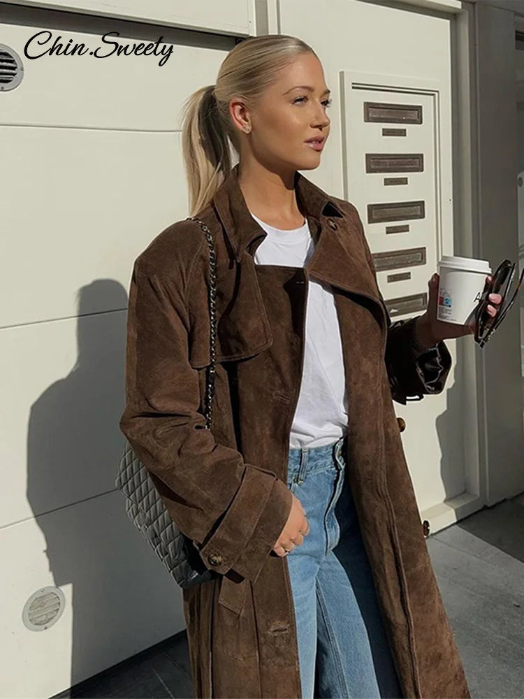 Elegant Suede Long Trench Coat Women Belt Double Breasted Full Sleeve Brown Windbreaker  Autumn Lady Street Outwears New