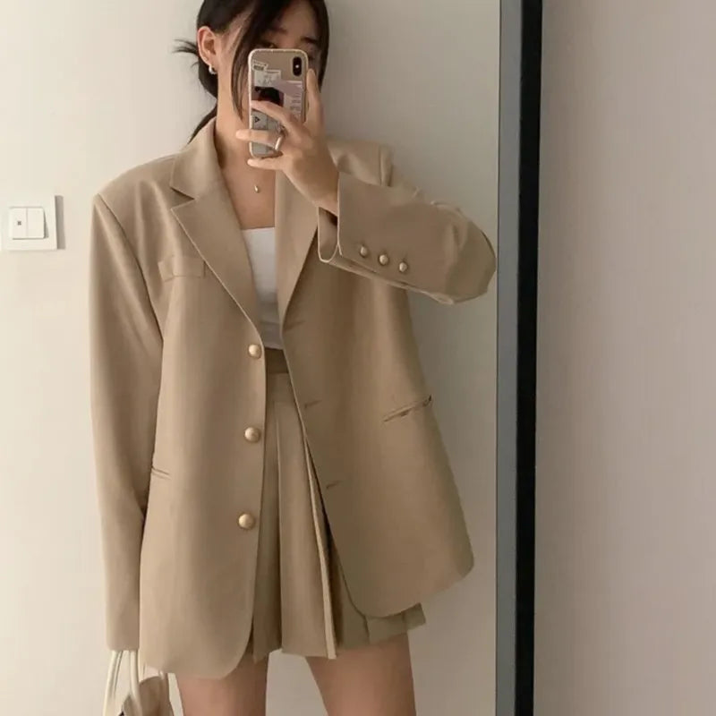 Korean Chic Two-piece Skirt Set Women Single Breasted Blazer Loose Jacket Solid Pleated Mini Skirt Autumn Office Lady Outfits
