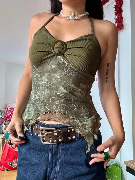 Voguable Boho Vintage Print Mesh Patchwork Crop Top V Neck Camis Y2K Streetwear FeCoquette Aesthetic Clothes