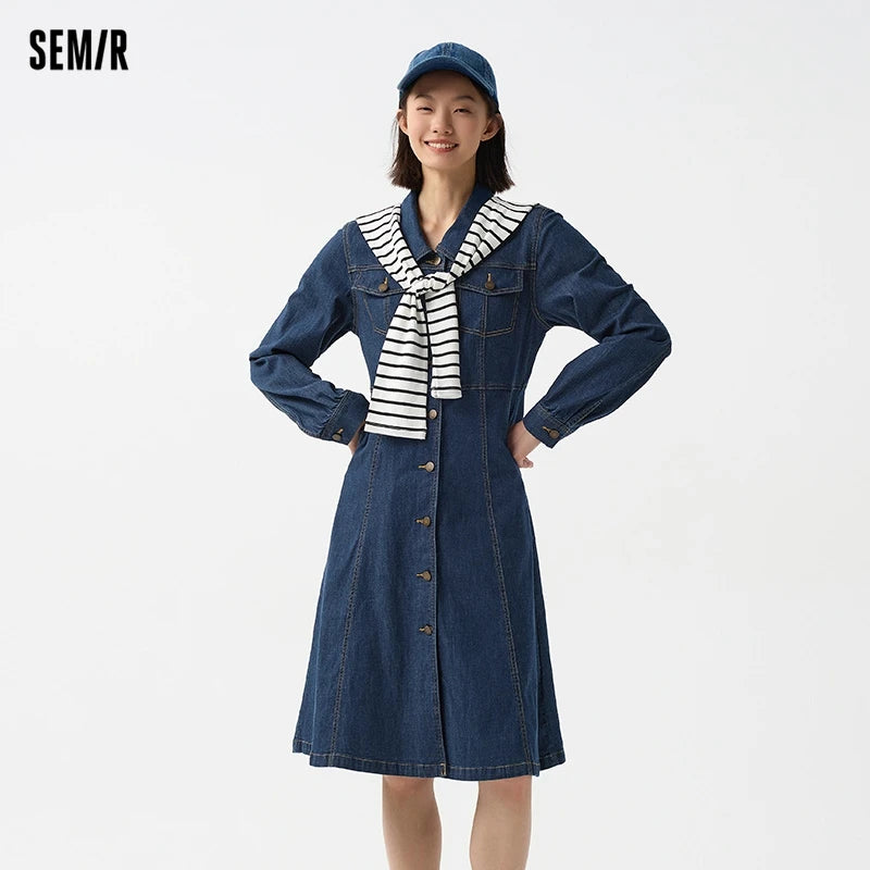Denim Dress Women With Shawl  Mid-length Dress Workwear Style in Spring