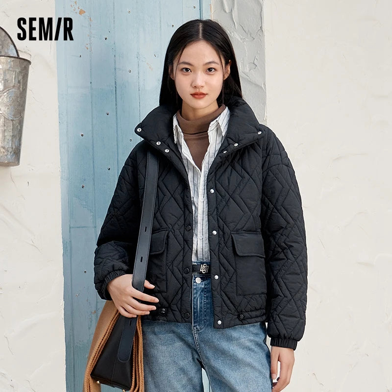 Cotton Clothing Women Stand Collar Loose  New Winter Texture Rhombus Cotton Coat Fashion Casual