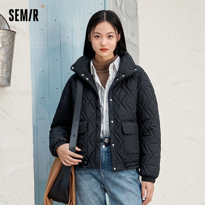 Cotton Clothing Women Stand Collar Loose  New Winter Texture Rhombus Cotton Coat Fashion Casual