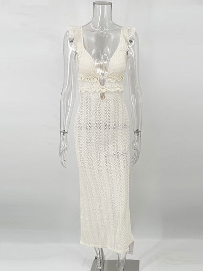 Knit V-Neck Fashion Maxi Dress Women&#8217;s Slim High Waist See-Through Patchwork Bandage Backless Dress Female Knitwear Dress