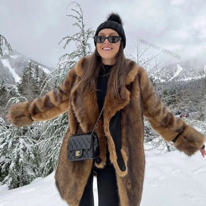 Luxury Brand Long Furry Faux Fur Coat Women  Winter Brown Vintage Gradient Thick Warm Outerwear Fluffy Fur Jacket