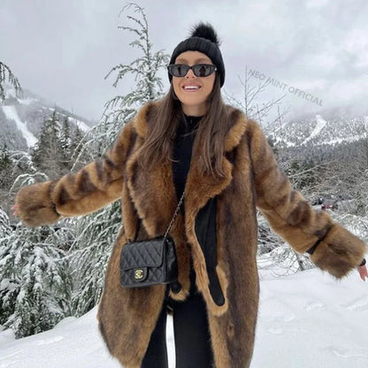 Luxury Brand Long Furry Faux Fur Coat Women  Winter Brown Vintage Gradient Thick Warm Outerwear Fluffy Fur Jacket