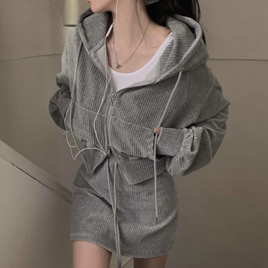 Korean CHic Corduroy Two-piece Skirt Sets Women Hoodie Crop Top Coats Bodycon Mini Skirt Autumn Winter New Outfits Casual Suit