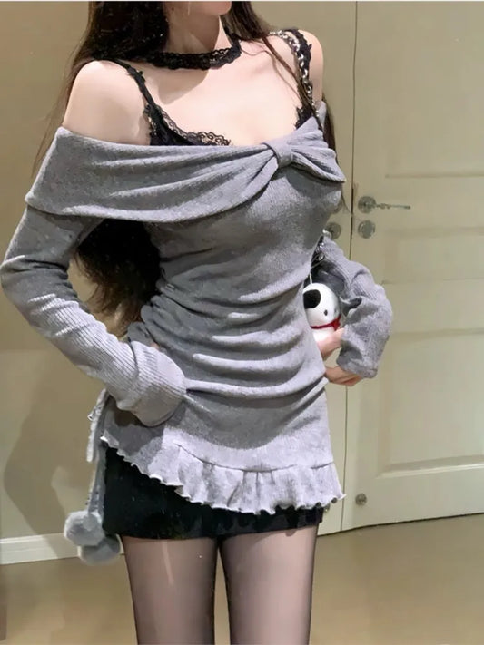 Y2K Lace Two-piece Set Mini Dresses for Women Spaghetti Strap Knitted Underdress Korean Fashion Sexy Party Dress Female Vestidos