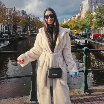 Belted Faux Mink Fur Coat Women  Winter Beige Gradient Furry Fur Jacket Luxury Brand Hooded Warm Outerwear Overcoat