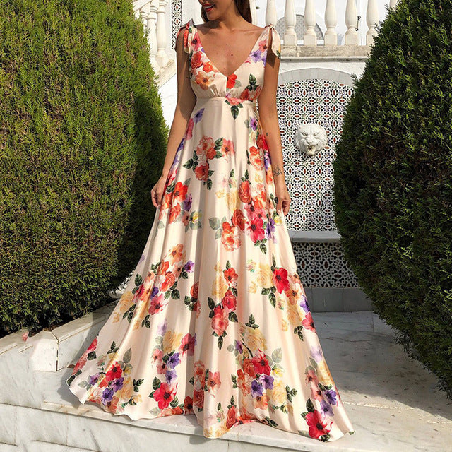 Flower Print Bowknot Leace-up Sleeveless Long Dresses Women Sexy V-neck Backless Evening Party Maxi Dress 2025 Spring Summer New