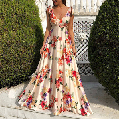 Flower Print Bowknot Leace-up Sleeveless Long Dresses Women Sexy V-neck Backless Evening Party Maxi Dress 2025 Spring Summer New