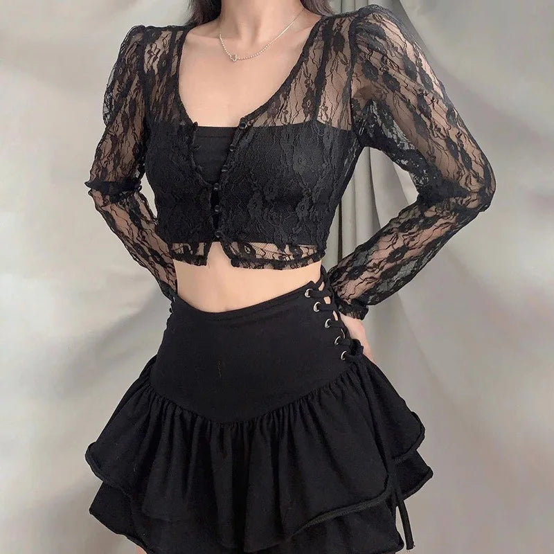 Long Sleeve Cropped Mesh Top