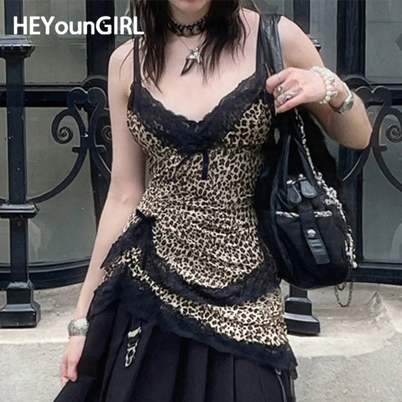 Y2K Streetwear Leopard Lace Patchwork Camis Top Gothic Style V-neck Bow Trim Tank Tops Fashion Aesthetic Vest Girls