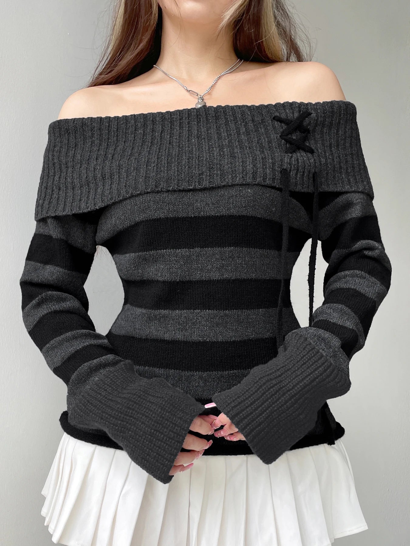 Off Shoulder Slim Knitted Stripe Jumper Women Lace-Up Slash Neck Long Sleeve Sweater Tee Korean Fashion Street Knittwear