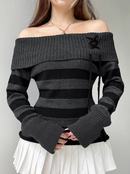 Off Shoulder Slim Knitted Stripe Jumper Women Lace-Up Slash Neck Long Sleeve Sweater Tee Korean Fashion Street Knittwear