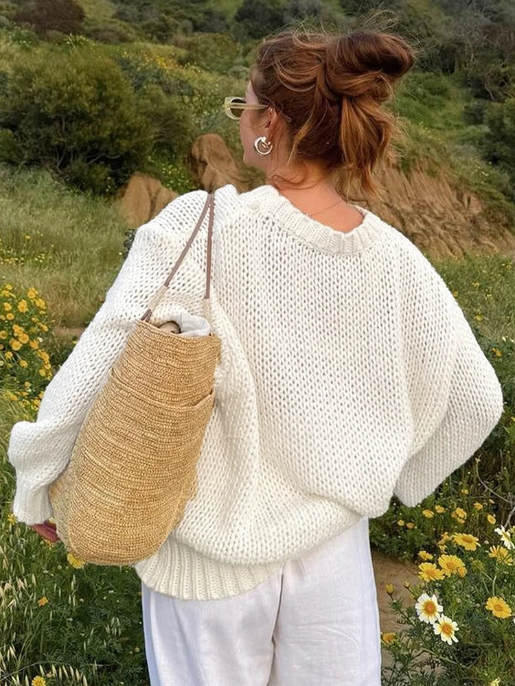 Casual Knitted Hollow Out O-neck Sweaters Women Loose Solid Long Sleeve Pullover Sweater Female Autumn Chic Elegant Street Tops
