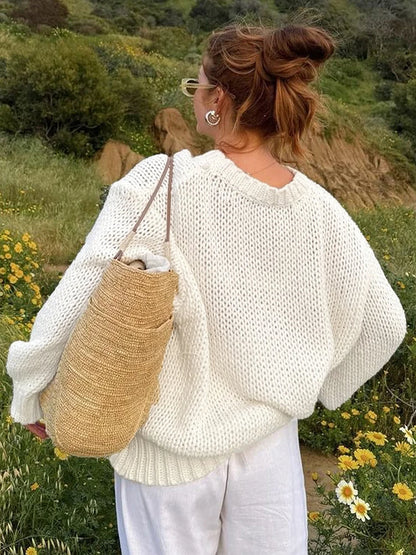Casual Knitted Hollow Out O-neck Sweaters Women Loose Solid Long Sleeve Pullover Sweater Female Autumn Chic Elegant Street Tops