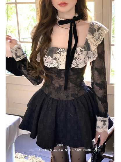 French Black Short Dresses for Women Lace Patchwork Long Sleeve A-line Birthday Party Dress Korean Fashion Mini Vestidos New