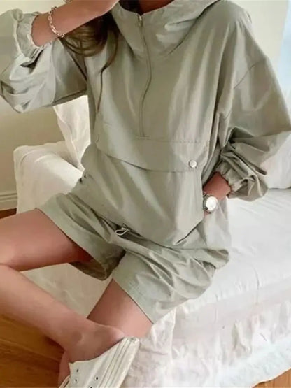 New Summer Women’s Suit 2 Pieces Set Hooded Long Sleeve Hoodies and Shorts Female Sporty Chic Casual Solid Tracksuit
