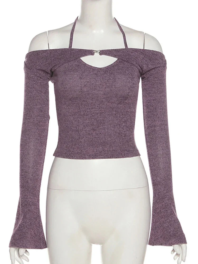 Y2K Top Long Sleeve T-Shirts 2 Piece Tops Halter Tanks Backless Crop Top Off Shoulder Tees Christmas Clothes