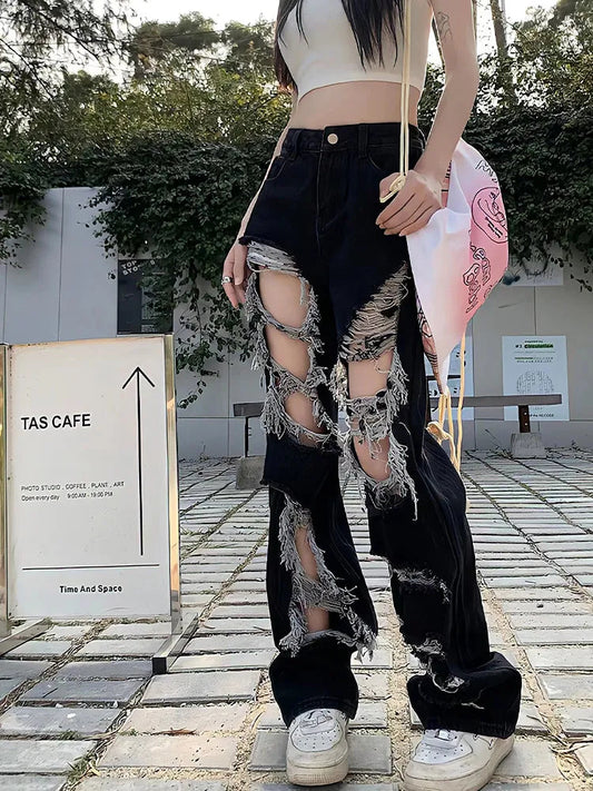 Jeans negros de cintura alta con agujeros rotos para mujer | Ideales para días informales