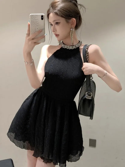 Elegant Halter Black Dresses for Women Summer New Backless Ruffles A-line Korean Birthday Party Dress Prom Short Vestidos Mujer