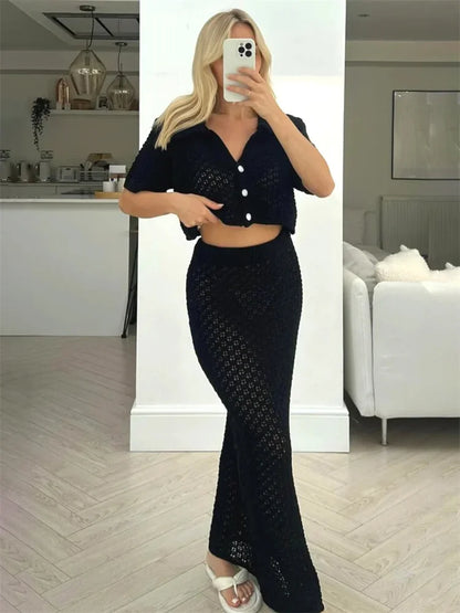 Knit Hollow Out 2 Piece-Set Long Skirt Women&#8217;s Cropped Top Cardigan And High Waist Maxi Skirt Outfits Female Clothes