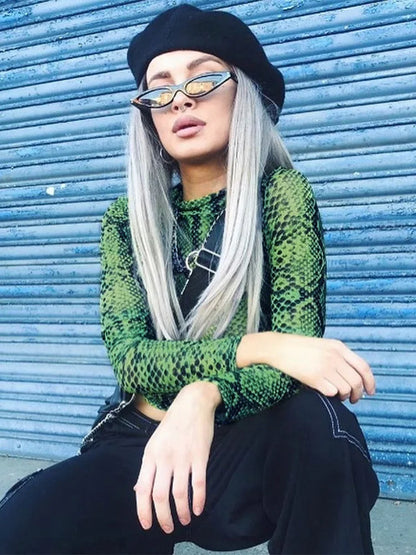 Casual Green Snake Print Mesh Sheer Top