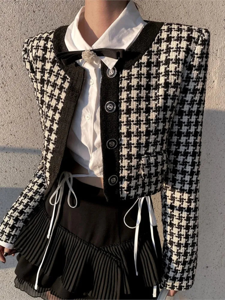 Elegant Cropped Jacket Women French Vintage Single Breasted Long Sleeve O-neck Top Autumn Y2k All-match Houndstooth Coats New