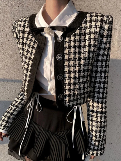 Elegant Cropped Jacket Women French Vintage Single Breasted Long Sleeve O-neck Top Autumn Y2k All-match Houndstooth Coats New